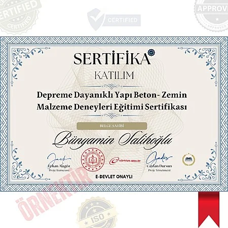 Depreme Dayanıklı Yapı Beton- Zemin Malzeme Deneyleri Eğitimi Sertifika / 200 Saat