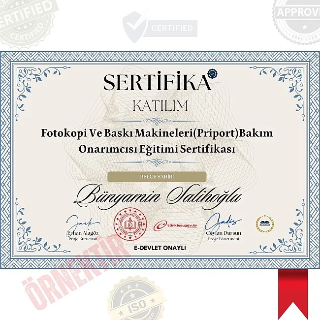 Fotokopi Ve Baskı Makineleri(Priport)Bakım Onarımcısı Eğitimi Sertifika / 916 Saat Fotokopi Ve Baskı Makineleri(Priport)Bakım Onarımcısı Eğitimi Sertifika / 916 Saat