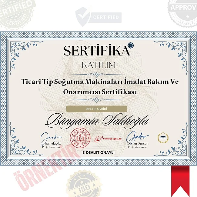 Ticari Tip Soğutma Makinaları İmalat Bakım Ve Onarımcısı Sertifika / 976 Saat Ticari Tip Soğutma Makinaları İmalat Bakım Ve Onarımcısı Sertifika / 976 Saat