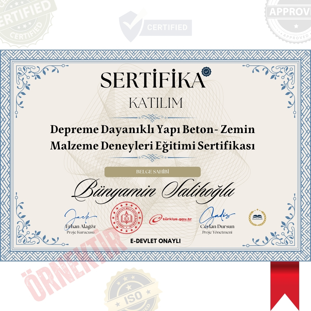 Depreme Dayanıklı Yapı Beton- Zemin Malzeme Deneyleri Eğitimi Sertifika / 200 Saat Depreme Dayanıklı Yapı Beton- Zemin Malzeme Deneyleri Eğitimi Sertifika / 200 Saat