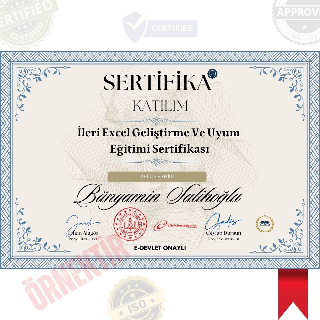 İleri Excel Geliştirme Ve Uyum Eğitimi Sertifika / 56 Saat İleri Excel Geliştirme Ve Uyum Eğitimi Sertifika / 56 Saat